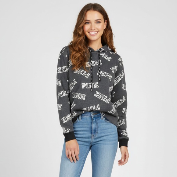 Victoria's Secret PINK Sherpa Lined Medium Hoodie Campus Pullover Gray Logo - Picture 2 of 7